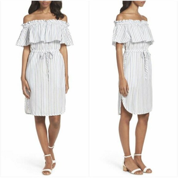 BCBGMAXAZRIA Dress Alexis White Blue Stripe Off The Shoulder Ruffle - Picture 1 of 9